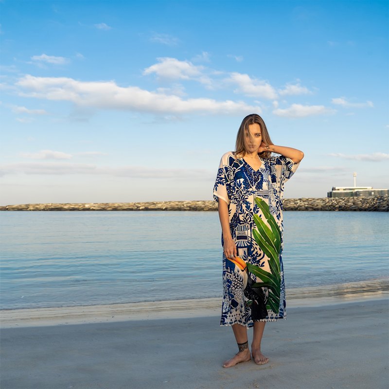 Harmony Bird Print Long Kaftan Dress With Side Slits - Blue & Multicolor  Beach Cover Up by DHARA SHETH, DUBAI