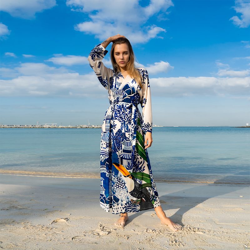 Harmony Bird Print Long Kimono - Blue & Multicolor Beach Cover Up | DHARA  SHETH, DUBAI | Wolf & Badger