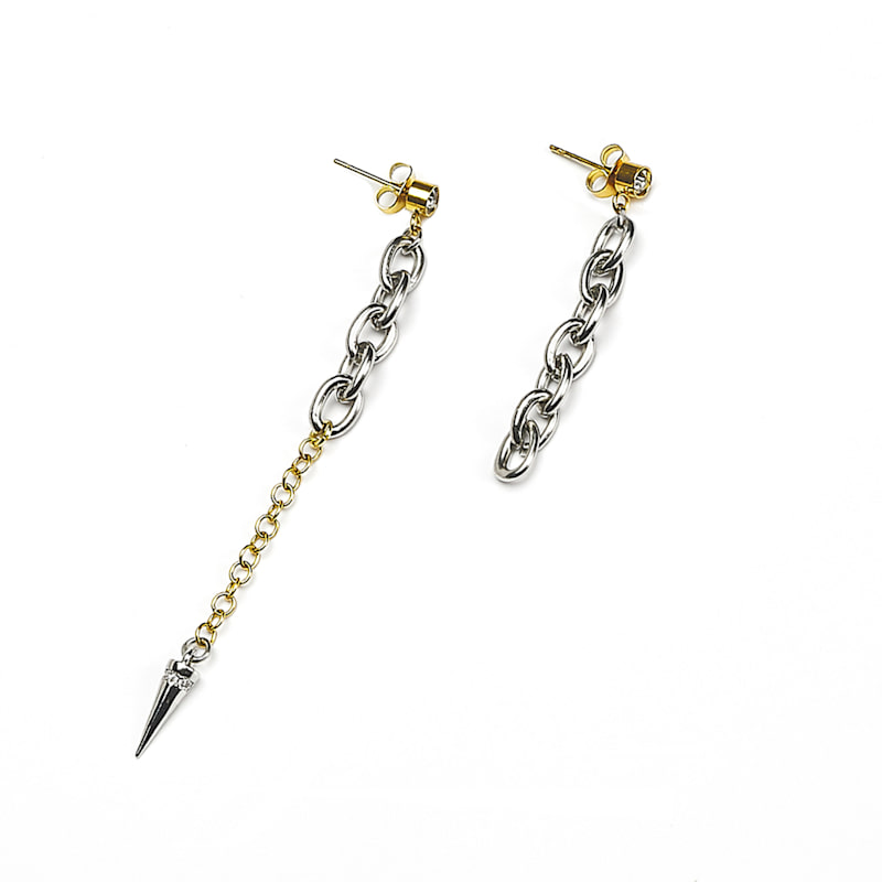 Thumbnail of Haze Earrings – Asymmetrical Stainless Steel Chains With Crystal-Set Spike image