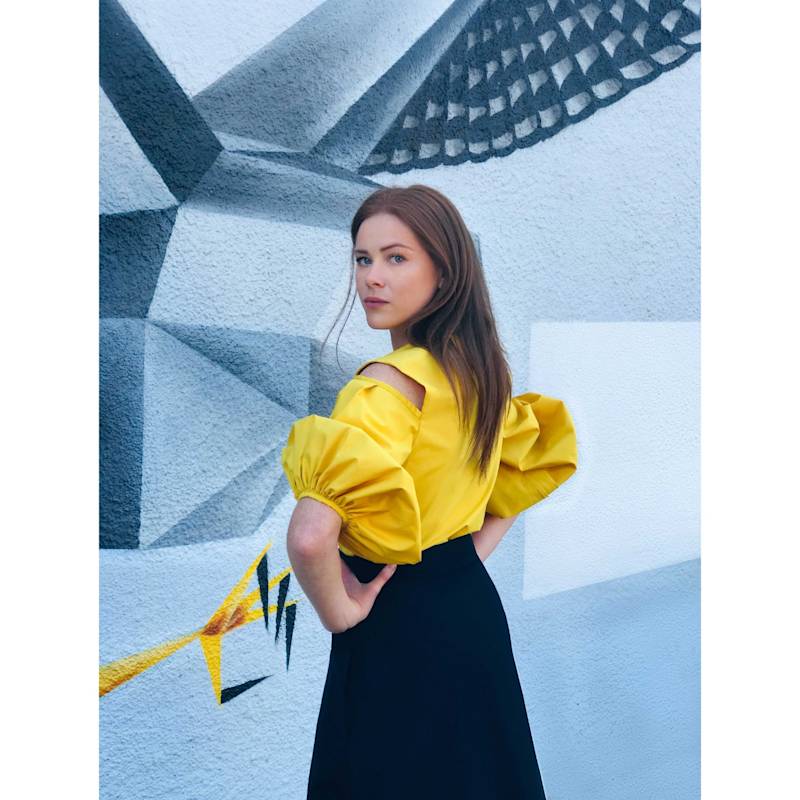 Thumbnail of Cold Shoulder Puff Sleeve Lapel Top - Yellow & Orange image