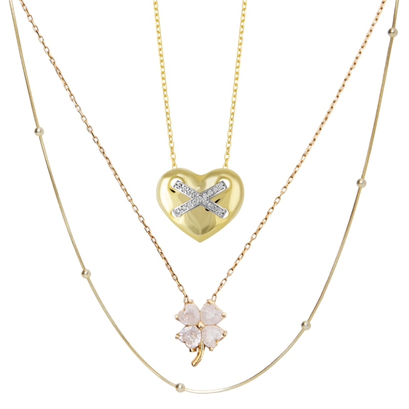 Thumbnail of Heart X Italian Beaded White Clover Sterling Silver Stacking Necklace Layering Set - Gold image