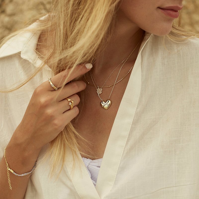 Thumbnail of Heart X Italian Beaded White Clover Sterling Silver Stacking Necklace Layering Set - Gold image