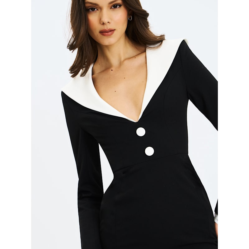 black and white dress with gold buttons Miss Circle Women's Heather Collared Decorative Button-Front Mini colour:Neutral