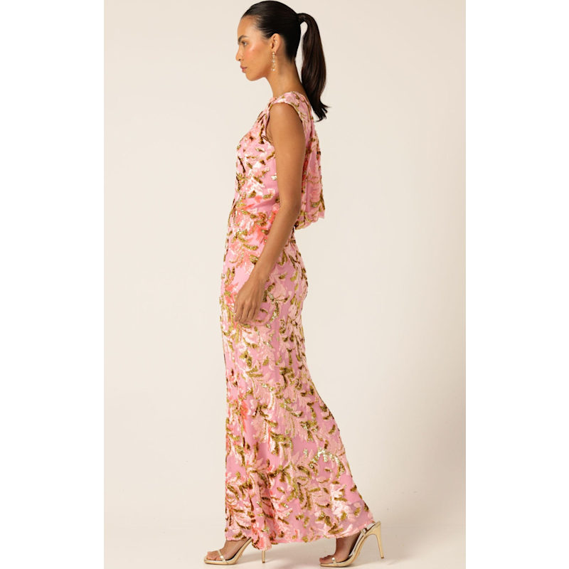 gold and pink dress women Isla Hot Pink & Gold Metallic Midi Dress – Girl In Mind