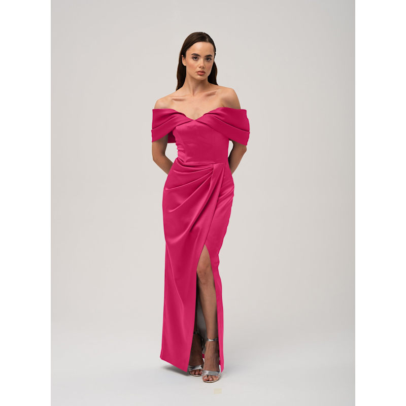 Thumbnail of Heavenly Kissed Draped Satin Maxi Dress - Hot Pink image