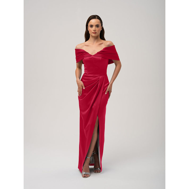 Thumbnail of Heavenly Kissed Draped Satin Maxi Dress - Red image