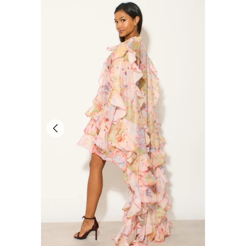 Heavy Tiered Ruffle Oversized Dress In Pink Floral Print by CY Boutique