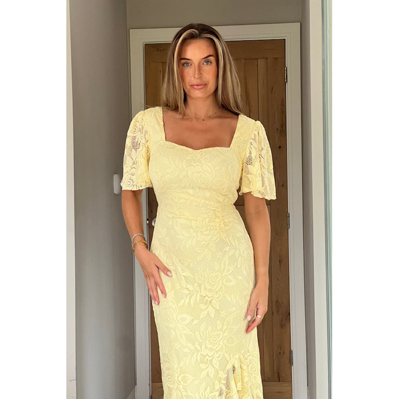Thumbnail of Heidi Yellow Lace Ruched Midi Dress image