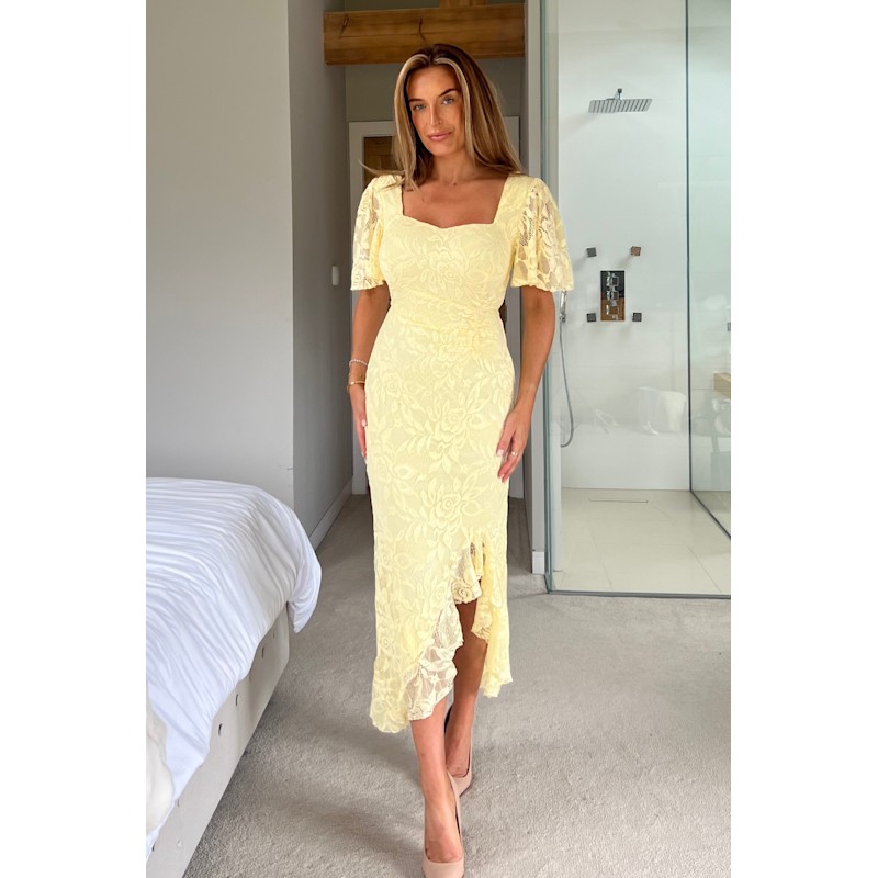 Thumbnail of Heidi Yellow Lace Ruched Midi Dress image