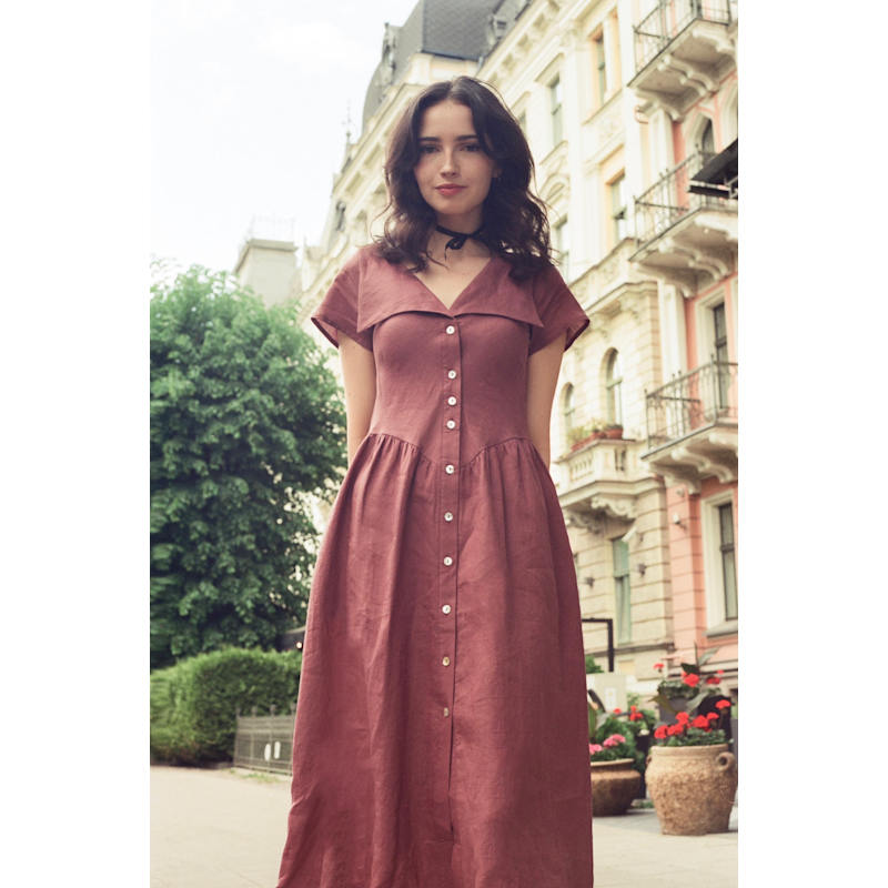 Helena Dress In Pure Linen In Plum With Shell Buttons And