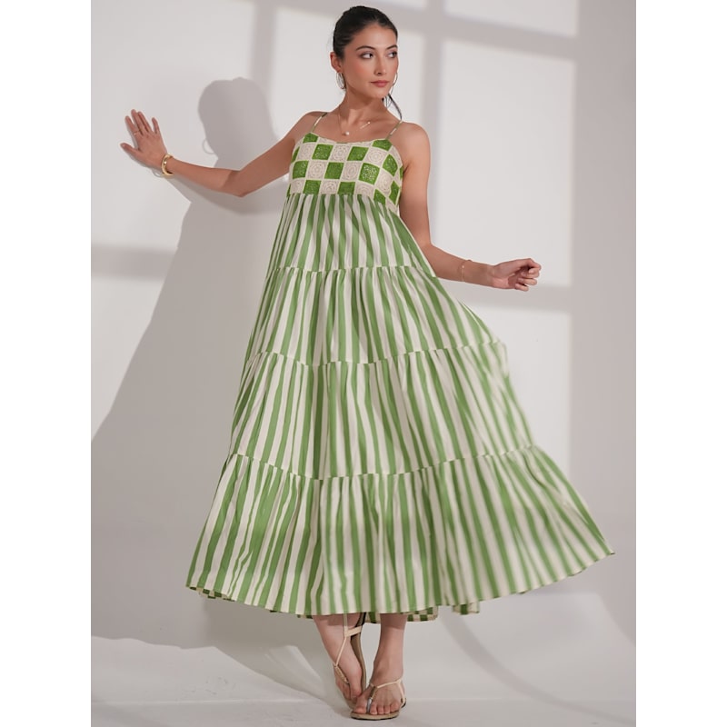 Thumbnail of Helena Green Cotton Crochet Stripe Maxi Sun Dress image