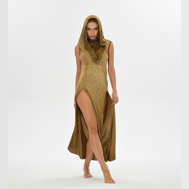 Hera Hooded Dress Desert Sand - Boho Maxi Dress With High Slits | Zhenabia  | Wolf & Badger
