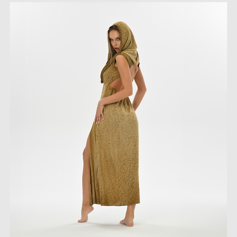Hera Hooded Dress Desert Sand - Boho Maxi Dress With High Slits | Zhenabia  | Wolf & Badger
