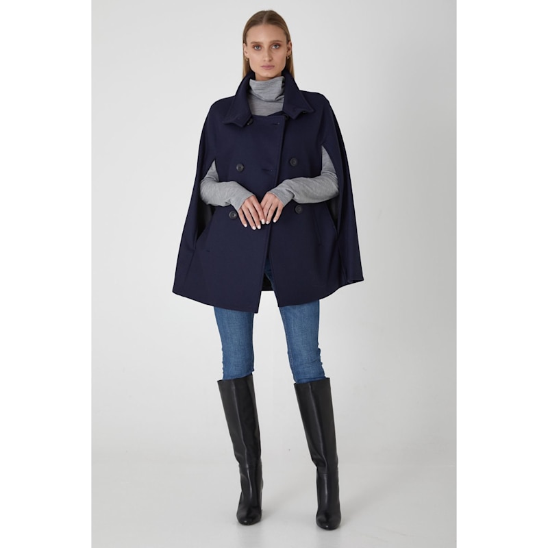 Heritage Double Breasted Wool Cashmere Cape Coat - Navy | Allora