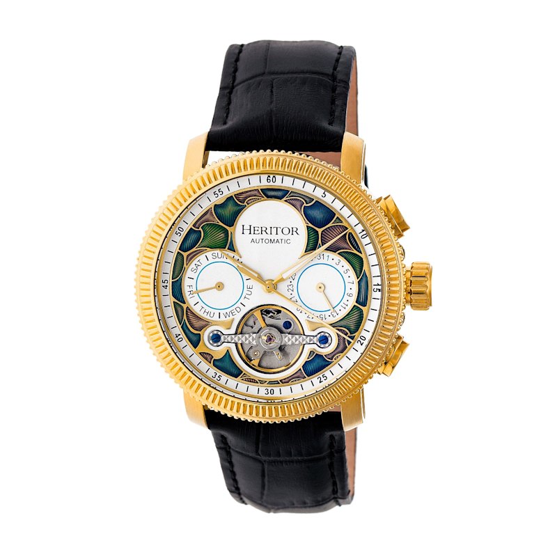 Aura Semi-Skeleton Leather-Band Watch with Day and Date Gold
