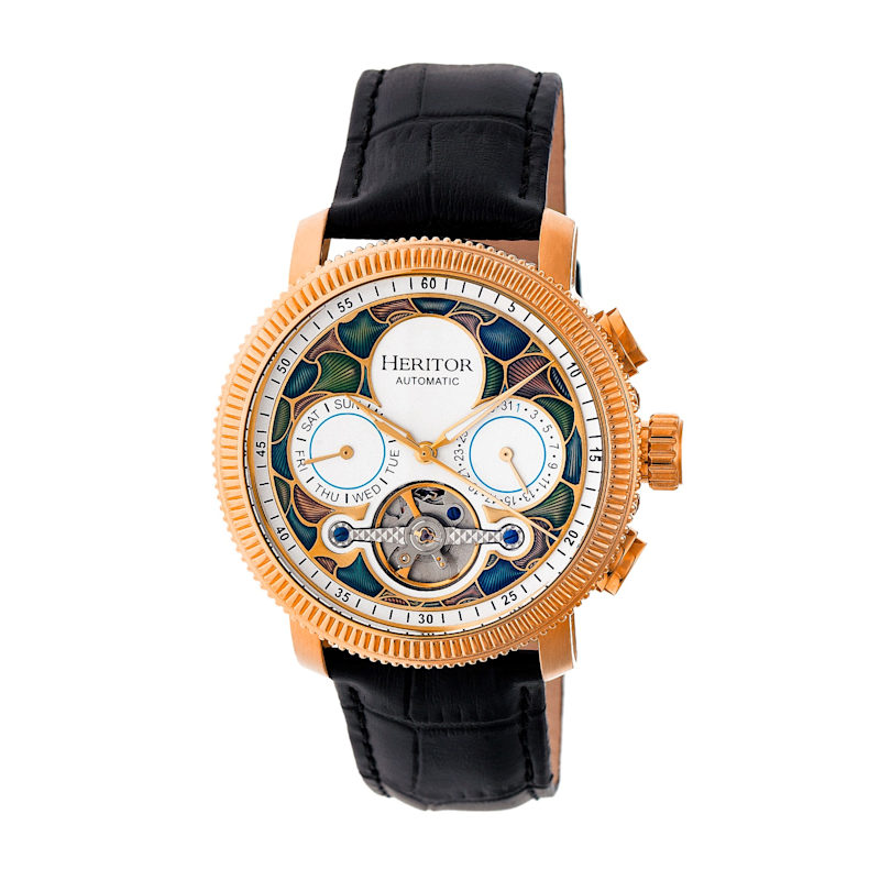 Aura Semi-Skeleton Leather-Band Watch with Day and Date Rose