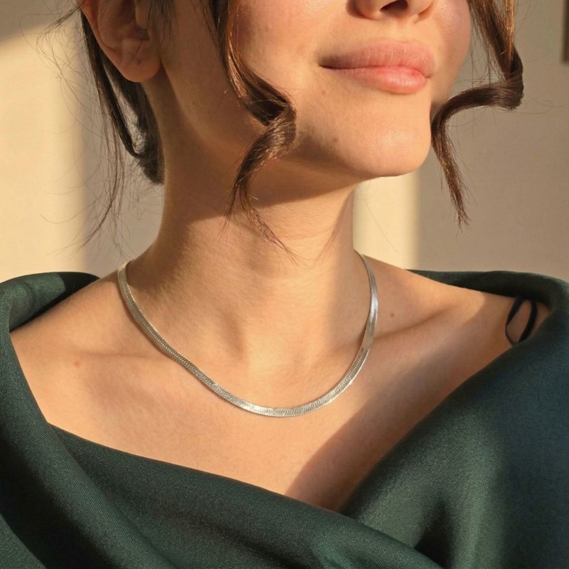 Thumbnail of Herringbone Silver Flat Snake Chain Women's Necklace image