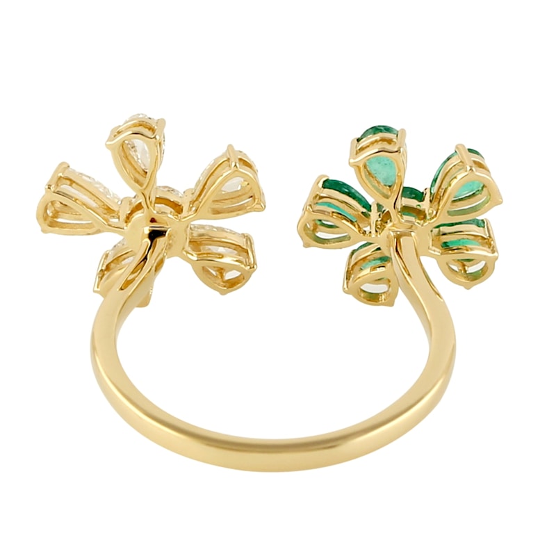 Thumbnail of Emerald & Diamond Floral Open Ring in 18K Yellow Gold image