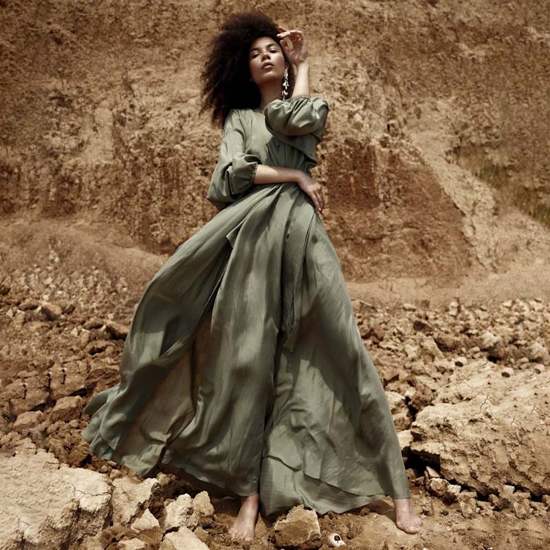 Thumbnail of Pure Silk Wrap Dress In Olive image