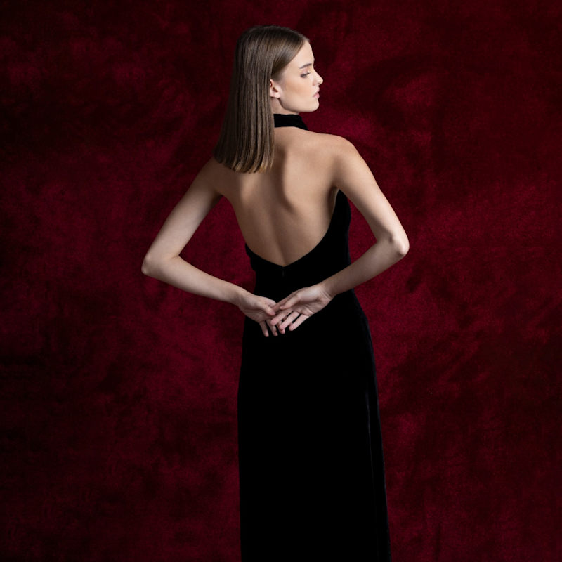High-Neck Black Velvet Dress With Open Back | Alina Anwar Couture | Wolf &  Badger