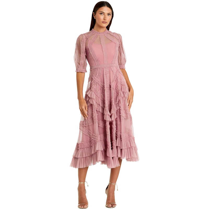 Thumbnail of High Neck Puff Sleeve Ruffle Tiered Midi Dress - Pink image