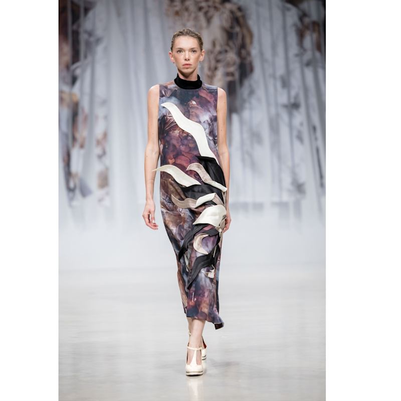 Thumbnail of High Neck Sleeveless Dress Abstract Print Brown image