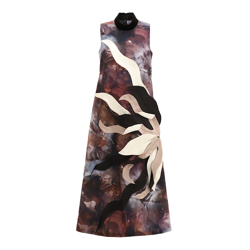 Thumbnail of High Neck Sleeveless Dress Abstract Print Brown image