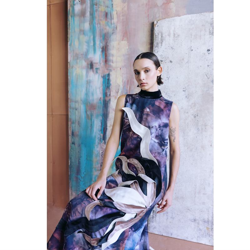 Thumbnail of High Neck Sleeveless Dress Abstract Print Brown image