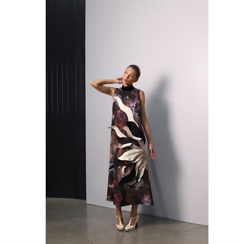 Thumbnail of High Neck Sleeveless Dress Abstract Print Brown image