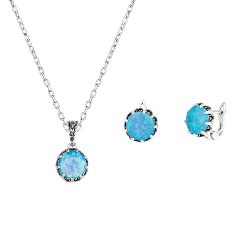 Thumbnail of High Quality Round Opal Sterling Silver Earring & Necklace Set - Light Blue image
