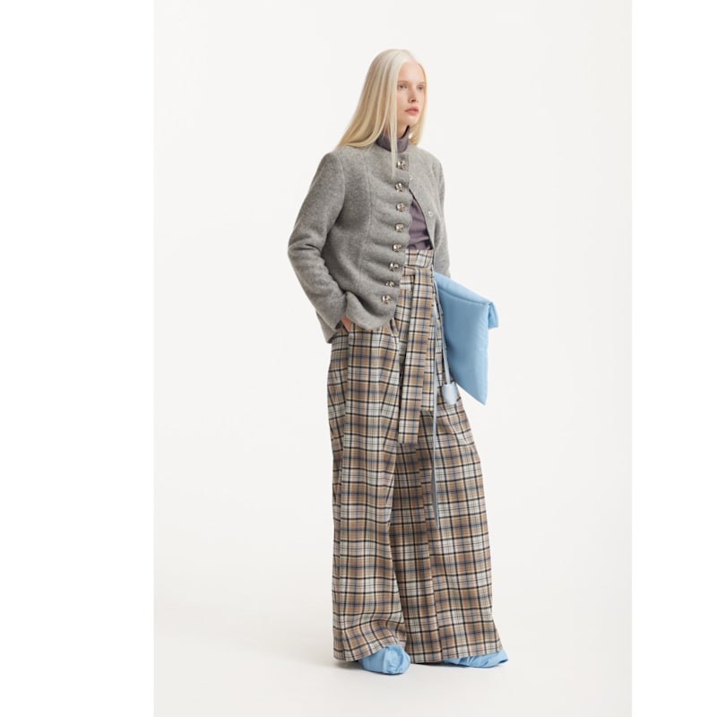 Thumbnail of High Waist Long Wide Leg Trousers – Beige Plaid image