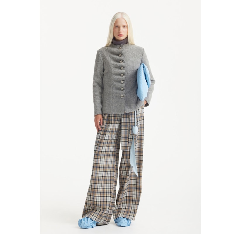 Thumbnail of High Waist Long Wide Leg Trousers – Beige Plaid image
