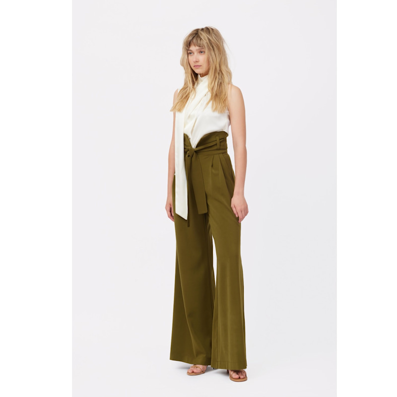 Thumbnail of High Waist Long Wide Leg Trousers – Dark Olive image