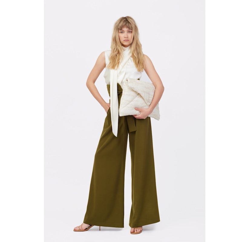 Thumbnail of High Waist Long Wide Leg Trousers – Dark Olive image