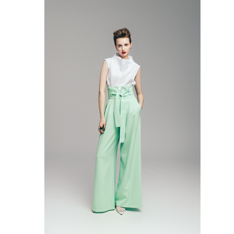 Thumbnail of High Waist Long Wide Leg Trousers – Mint Green image