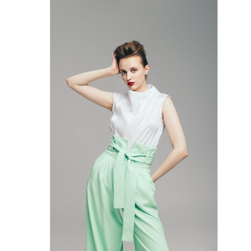 Thumbnail of High Waist Long Wide Leg Trousers – Mint Green image