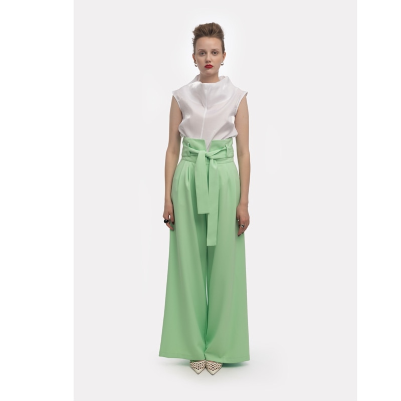 Thumbnail of High Waist Long Wide Leg Trousers – Mint Green image