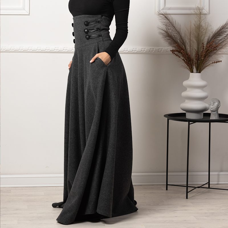 Nikka Place High Waisted Wool Maxi Women Skirt With Pockets - Grey