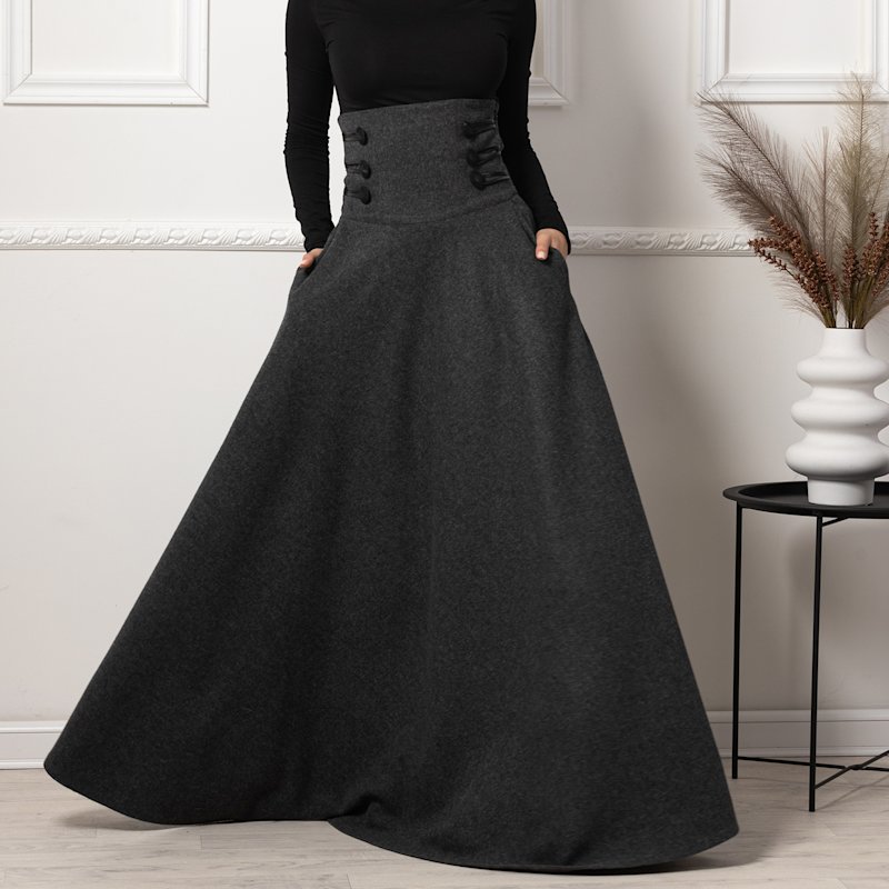 Thumbnail of Ultra High Waist Wool Maxi Skirt With Pockets In Dark Gray Colour image