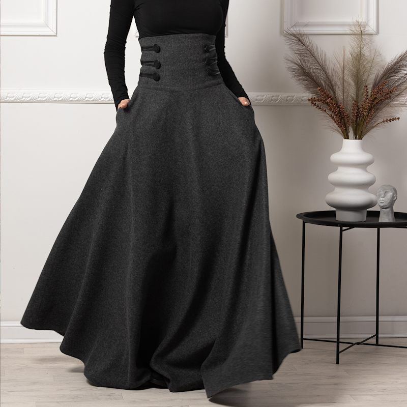 Ultra High Waist Wool Maxi Skirt With Pockets In Dark Gray Color