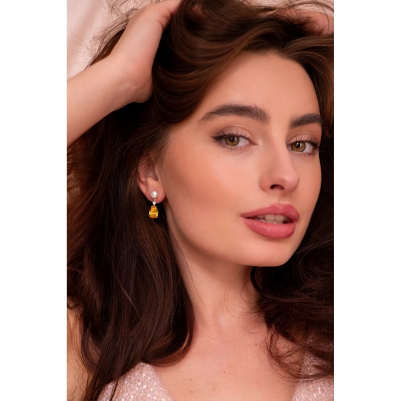 Thumbnail of ‘Highgrove’ Freshwater Pearl & Yellow Crystal Drop Silver Earrings image