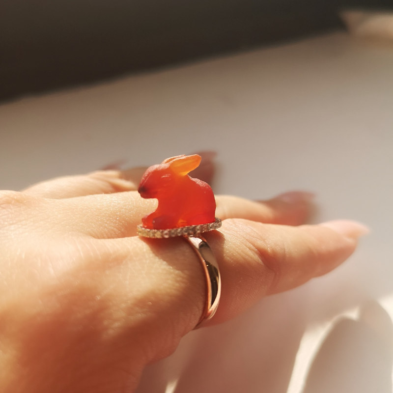Handmade Engraved Rabbit Red Agate Ring | WJY STUDIO LONDON | Wolf & Badger