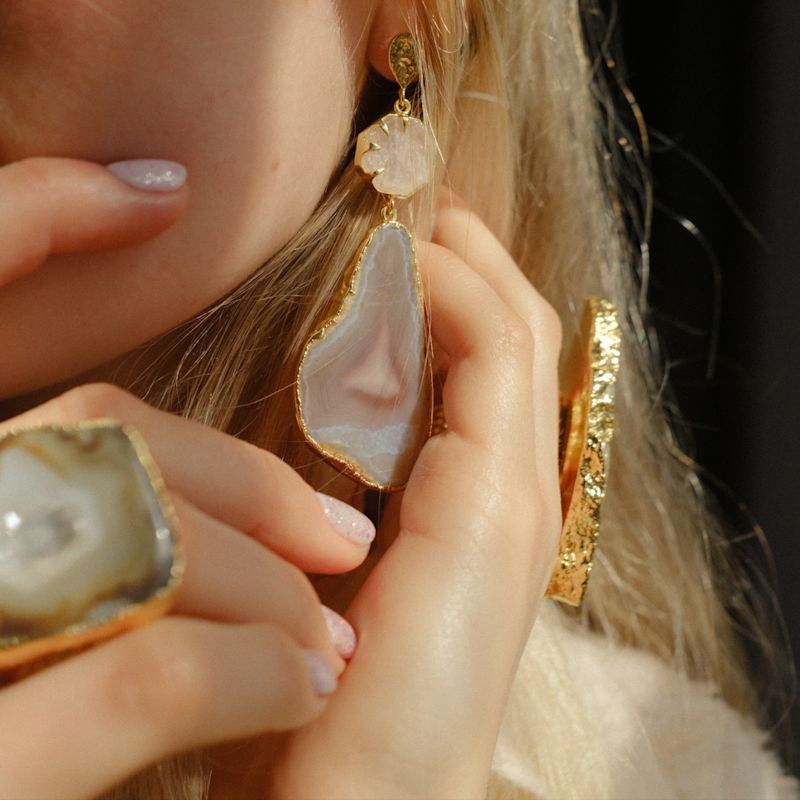 Thumbnail of 'Hold On' Rose Quartz Agate Gemstone Gold Statement Earrings image