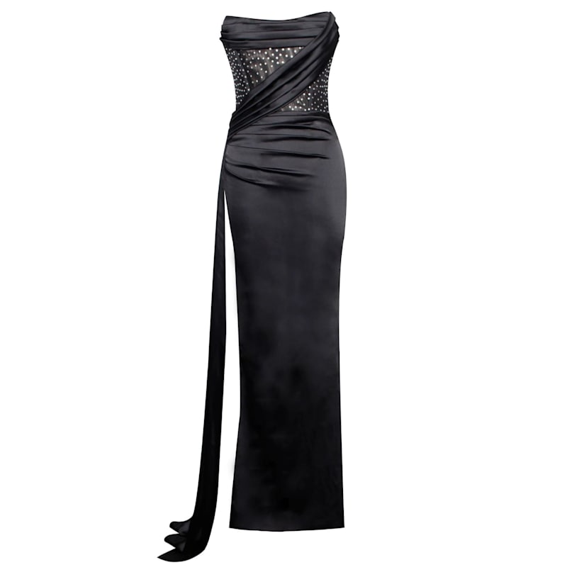 Holly Black Crystallized Corset High Slit Satin Gown | Miss Circle New York  | Wolf & Badger