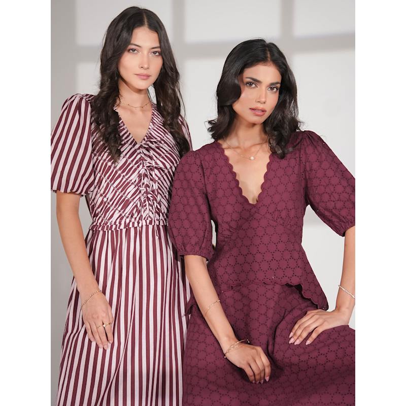 Thumbnail of Holly Burgundy Embroidered Lace Cotton Midi Dress image
