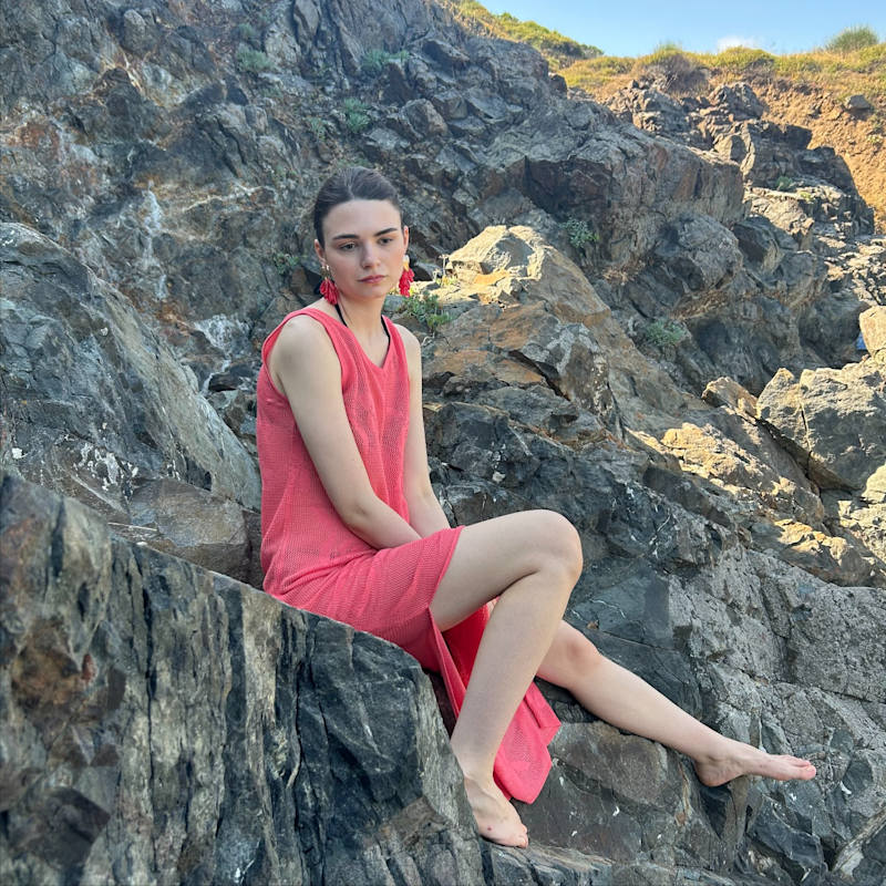 Thumbnail of Honeymoon Openwork Knit Beach Dress In Coral image