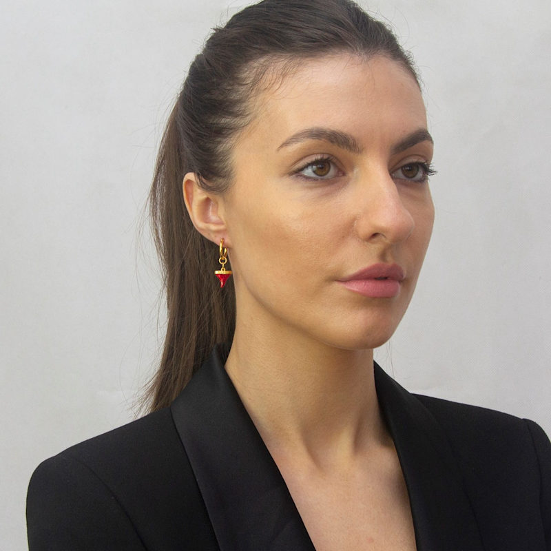 Thumbnail of 18Kt Gold Plated & Red Mini Sharks Tooth Charm On Gold Hoop Earring image