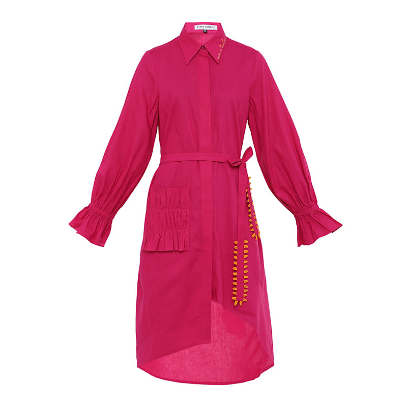 open lace back dress Trinny One-Shoulder Ruched Back Midi Dress Hot Pink main image 0