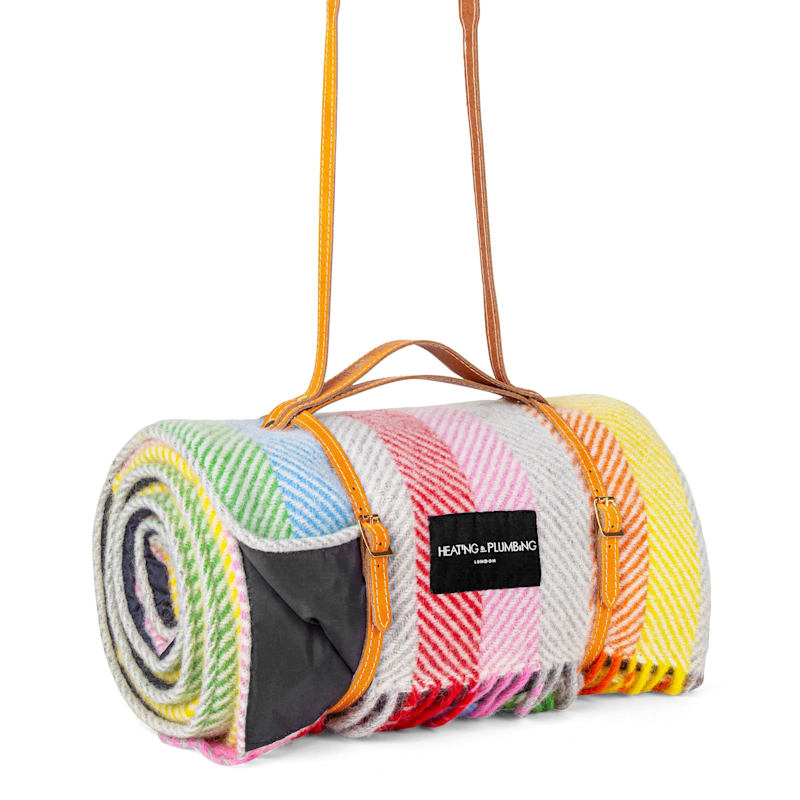 Thumbnail of Pure New Wool Waterproof Picnic Blanket - Rainbow - Orange Strap image