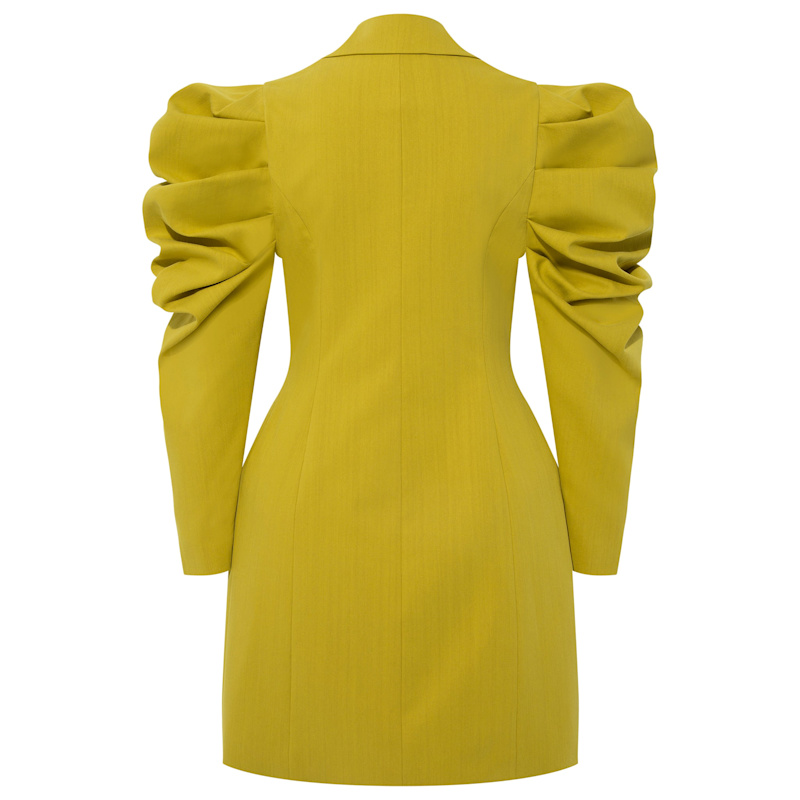 Thumbnail of Draped Sleeved Tailored Blazer Dress - Lime Yellow image